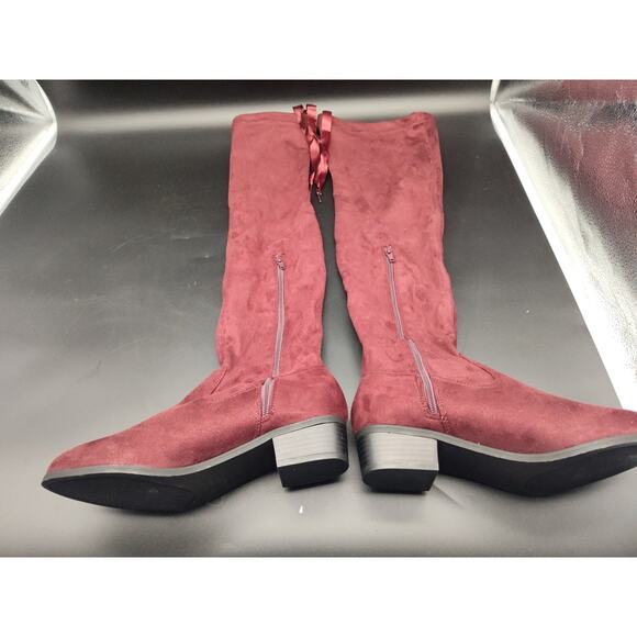 Women’s Burgundy Over-the-Knee Boots Size 8.5 Suede-Look Zip Tie Back Block Heel - Picture 2 of 9